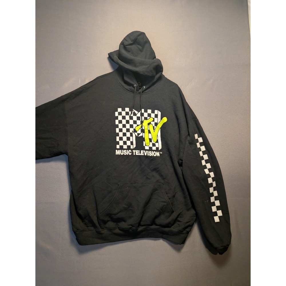 Viacom MTV Music Television Hoodie Men 2XL Black Check Fleece Lined Sweatshirt